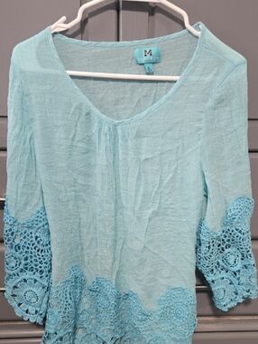 Aqua Crochet-Trim Tunic Top - L